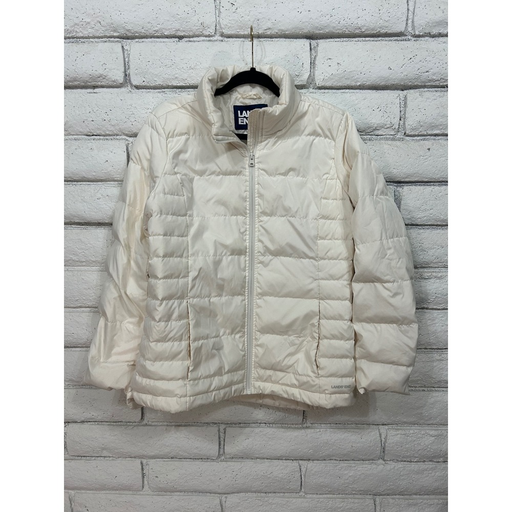 Lands End Womens Cream White‎ Quilted Puffer Jacket Full Zip Size M 10-12 Coat